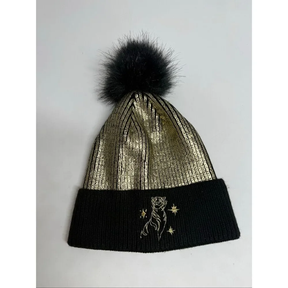 Disney Parks Aladdin Jasmine Rajah Gold Black Knit Beanie Hat Pom Pom OS Adult